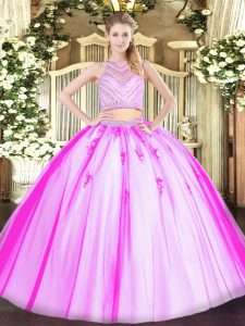 Dramatic Rose Pink Sleeveless Tulle Zipper Sweet 16 Dresses for Military Ball and Sweet 16 and Quinceanera