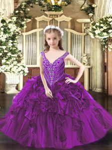 Purple V-neck Lace Up Beading and Ruffles Glitz Pageant Dress Sleeveless