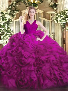 Ideal Fuchsia Ball Gowns Ruffles Sweet 16 Quinceanera Dress Zipper Organza and Fabric With Rolling Flowers Sleeveless Floor Length