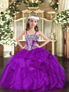 Luxurious Ball Gowns Little Girls Pageant Dress Wholesale Purple Straps Organza Sleeveless Floor Length Lace Up