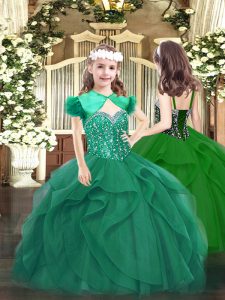 Tulle Straps Sleeveless Lace Up Beading and Ruffles Pageant Gowns For Girls in Dark Green