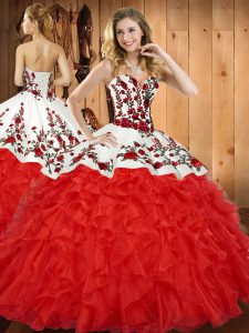 Enchanting Wine Red Sweet 16 Dress Military Ball and Sweet 16 and Quinceanera with Embroidery and Ruffles Sweetheart Sleeveless Lace Up