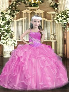 Floor Length Rose Pink Child Pageant Dress Straps Sleeveless Lace Up