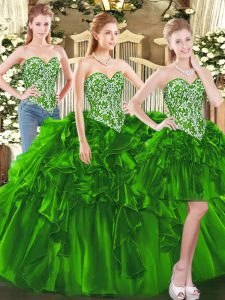 Dark Green Lace Up Quince Ball Gowns Beading and Ruffles Sleeveless Floor Length