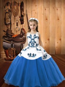 Blue Organza Lace Up Straps Sleeveless Floor Length Glitz Pageant Dress Embroidery
