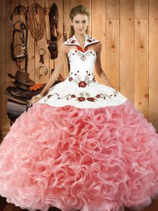Beauteous Watermelon Red Ball Gowns Embroidery Quinceanera Gown Lace Up Fabric With Rolling Flowers Sleeveless Floor Length