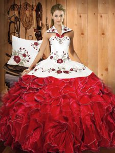 Modern Floor Length Lace Up Sweet 16 Dress White And Red for Military Ball and Sweet 16 and Quinceanera with Embroidery and Ruffles