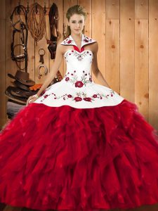 Attractive Halter Top Sleeveless 15th Birthday Dress Floor Length Embroidery and Ruffles Red Satin and Organza