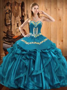 Stylish Sleeveless Organza Floor Length Lace Up Ball Gown Prom Dress in Teal with Embroidery and Ruffles