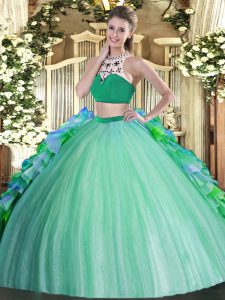 Dynamic High-neck Sleeveless Quinceanera Gowns Floor Length Beading and Ruffles Multi-color Tulle