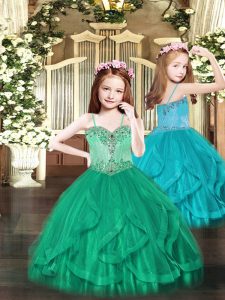 Ball Gowns Custom Made Pageant Dress Turquoise Spaghetti Straps Tulle Sleeveless Floor Length Lace Up