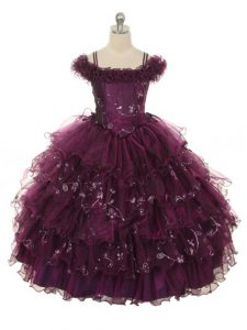 Sleeveless Organza Floor Length Lace Up Pageant Dresses in Burgundy with Ruffles and Ruffled Layers