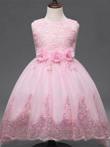 Amazing Tulle Sleeveless High Low Child Pageant Dress and Lace and Appliques and Bowknot and Hand Made Flower