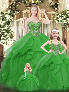 Green Lace Up Sweetheart Beading and Ruffles Quinceanera Dress Organza Sleeveless