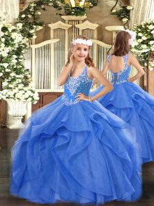 Excellent Blue Ball Gowns Beading and Ruffles Pageant Dress Toddler Lace Up Tulle Sleeveless Floor Length