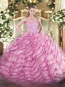 Rose Pink Ball Gowns Straps Sleeveless Organza Brush Train Zipper Ruffled Layers Quinceanera Dress