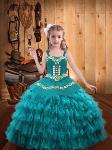 Floor Length Teal Little Girls Pageant Dress Wholesale Organza Sleeveless Embroidery and Ruffled Layers