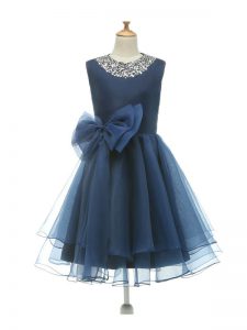 New Style Beading and Bowknot Little Girls Pageant Gowns Navy Blue Zipper Sleeveless Knee Length