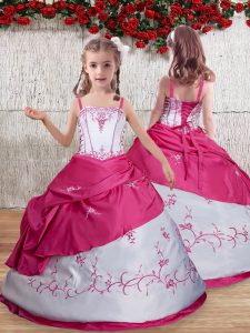Straps Sleeveless Little Girls Pageant Dress Floor Length Embroidery Hot Pink Taffeta