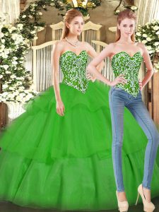 Green Lace Up Sweetheart Beading and Ruffled Layers Sweet 16 Quinceanera Dress Tulle Sleeveless