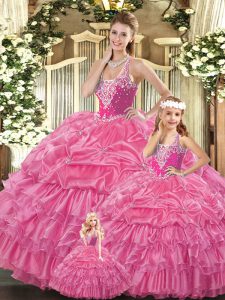 Tulle Straps Sleeveless Lace Up Ruffles and Pick Ups Ball Gown Prom Dress in Rose Pink