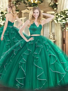 Popular Halter Top Sleeveless Sweet 16 Dresses Floor Length Ruffles Dark Green Organza