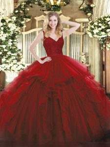 Pretty Wine Red Sleeveless Organza Zipper Quinceanera Gown for Sweet 16 and Quinceanera