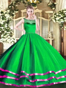 Designer Green Sleeveless Floor Length Beading and Ruffled Layers Zipper Teens Party Dress