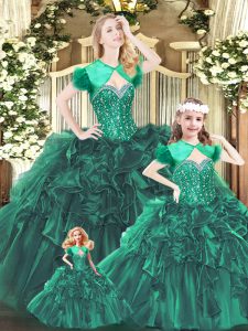 Admirable Green Ball Gowns Organza Sweetheart Sleeveless Beading and Ruffles Floor Length Lace Up 15th Birthday Dress