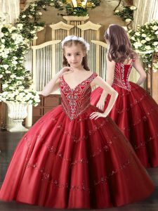 Red Lace Up Pageant Dress for Girls Beading and Appliques Sleeveless Floor Length