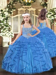 Unique Baby Blue Straps Lace Up Beading and Ruffles Kids Pageant Dress Sleeveless
