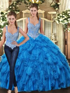 Beading and Ruffles Military Ball Gown Teal Lace Up Sleeveless Floor Length