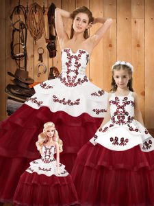 Low Price Strapless Sleeveless Sweep Train Lace Up 15 Quinceanera Dress Wine Red Organza