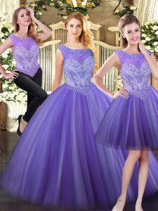 Lavender Sleeveless Floor Length Beading Zipper Vestidos de Quinceanera
