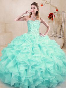 Sophisticated Floor Length Lace Up Quince Ball Gowns Aqua Blue for Sweet 16 and Quinceanera with Beading and Ruffles