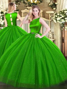 Tulle Scoop Sleeveless Clasp Handle Belt Quinceanera Dresses in Green