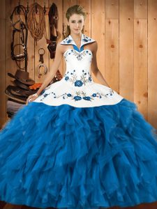 Graceful Teal Quince Ball Gowns Military Ball and Sweet 16 and Quinceanera with Embroidery and Ruffles Halter Top Sleeveless Lace Up
