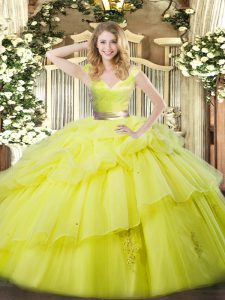 Yellow Green Sleeveless Floor Length Ruffled Layers Zipper Sweet 16 Dresses