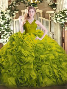 Fashion Ball Gowns Quinceanera Dresses Olive Green V-neck Fabric With Rolling Flowers Sleeveless Floor Length Zipper