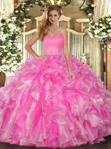 New Arrival Sleeveless Organza Floor Length Lace Up Quinceanera Gown in Rose Pink with Beading and Ruffles