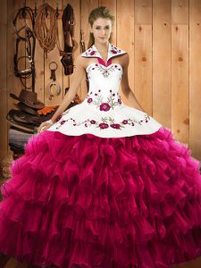 Deluxe Satin and Organza Halter Top Sleeveless Lace Up Embroidery and Ruffled Layers Quinceanera Gowns in Fuchsia