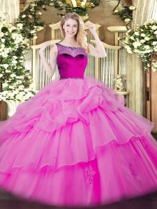 Floor Length Lilac Quince Ball Gowns Organza Sleeveless Beading and Appliques and Pick Ups