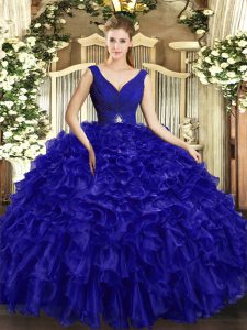 Beautiful Royal Blue Sleeveless Organza Backless Quinceanera Gowns for Sweet 16 and Quinceanera