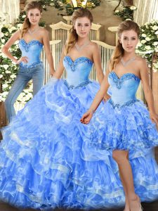 Light Blue Three Pieces Organza Sweetheart Sleeveless Beading and Ruffles Floor Length Lace Up Quinceanera Gown