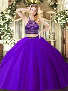 Purple Sleeveless Tulle Zipper Quinceanera Gowns for Military Ball and Sweet 16 and Quinceanera