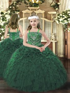 Dark Green Straps Neckline Beading and Ruffles Pageant Dress for Teens Sleeveless Lace Up