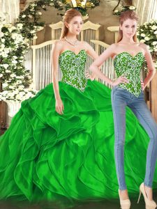 Floor Length Lace Up Quince Ball Gowns Green for Military Ball and Sweet 16 and Quinceanera with Beading and Ruffles