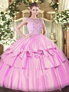 Lilac Ball Gowns Tulle Bateau Sleeveless Beading and Ruffled Layers Floor Length Zipper Ball Gown Prom Dress