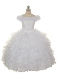 Perfect White Ball Gowns Off The Shoulder Sleeveless Organza Floor Length Lace Up Ruffles and Ruffled Layers Pageant Dresses