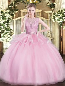 Elegant Baby Pink Backless Quinceanera Gowns Lace Sleeveless Floor Length